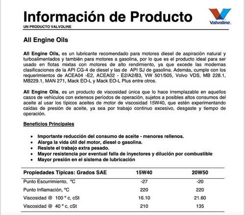 Imagen 2 de 4 de Aceite Motor 20w50 Valvoline Cg-4/sj All Engine 19 Litros