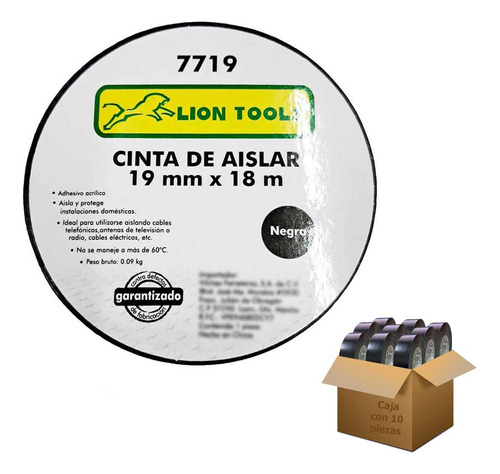 Cinta De Aislar 19 Mm X 18 Metros Color Negro 10 Piezas