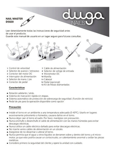 Imagen 6 de 9 de Torno Eléctrico Para Uñas 35.000 Rpm Profesional Duga D5020