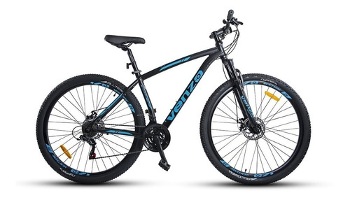 Mountain bike Venzo Venture R29 S 21v frenos de disco mecánico Sunrace QD-35 color negro/azul con pie de apoyo