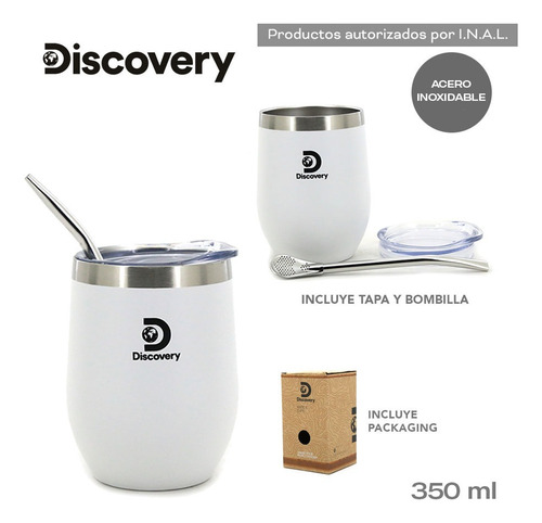 Mate Acero Inoxidabl Vaso Termico Discovery Tapa Y Bombilla Color Blanco