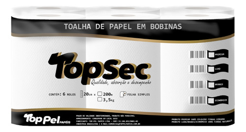 Papel Toalha Em Bobina 6 Rolos 20cmx200m Luxo Para Banheiro