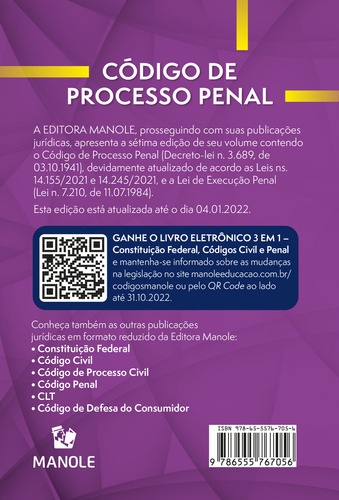 Código De Processo Penal - 07ed/22 - Decreto-lei N. 3.689,, De Editora Manole. Editora Manole Em Português