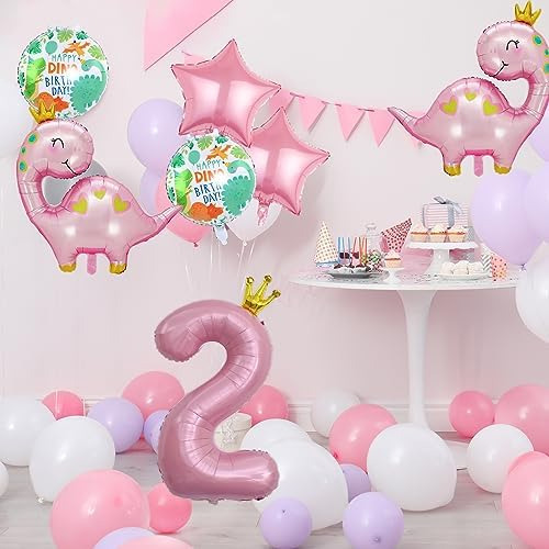 7 Globos De Dinosaurio Con Corona Rosa, Número De Cumpleaños