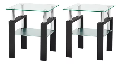 Juego de 2 mesas auxiliares de cristal, mesa de cristal pequeña, mesa  auxiliar negra con parte superior de vidrio templado, marco de metal, para  sala