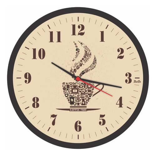 Relógio De Parede Redondo Café Preto 25,8cm Bells