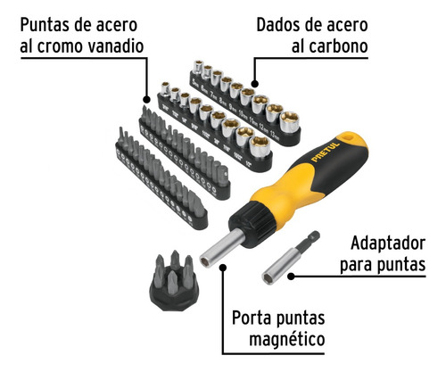 Desarmador Tipo Matraca Con 35 Puntas Y 18 Dados, Pretul