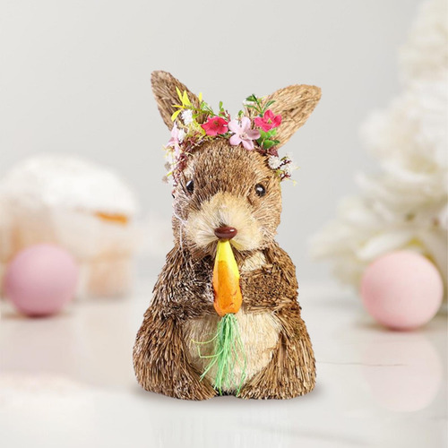 Bonito Conejo De Pascua De Paja, Estatua 12x11x21cm