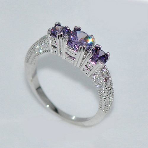 Anillo Compromiso Piedras Purpura Acero Enchapado Plata