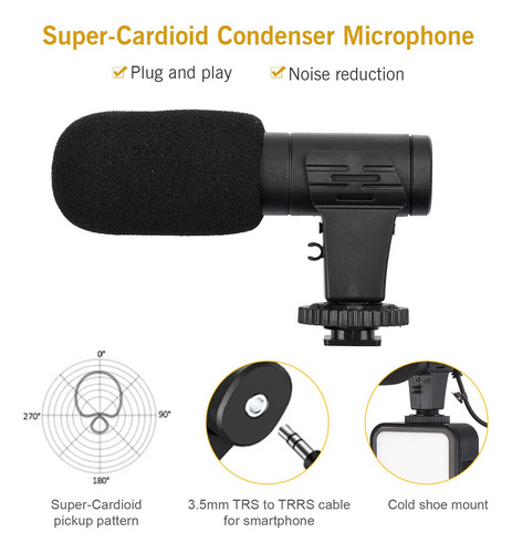 Kit De Grabación Vlog Luz De Video Led+super Cardioide