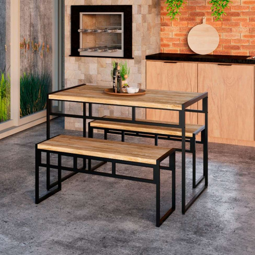 Conjunto De Mesa De Jantar Com 2 Bancos Wooden Carvalho E...