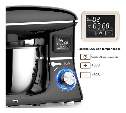 Batidora De Pie Eléctrica, 1350 W 6.5 L Con Tazón De Acero Inoxidable Y Asa, 6 Velocidades + Función Pulso, Gancho Para Masa, Batidor Y Varilla, Temporizador Lcd Para Hornear Pan, Pasteles, Galletas