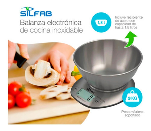 Imagen 3 de 6 de Balanza De Cocina Electrónica Recipiente Acero Bc304 Silfab