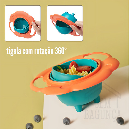 Prato Giro Bowl Infantil Cinza e Laranja Sem Bagunça Pratinho Mágico Giratório Com Tampa Gira 360 Para Bebê E Criança Não Derrama