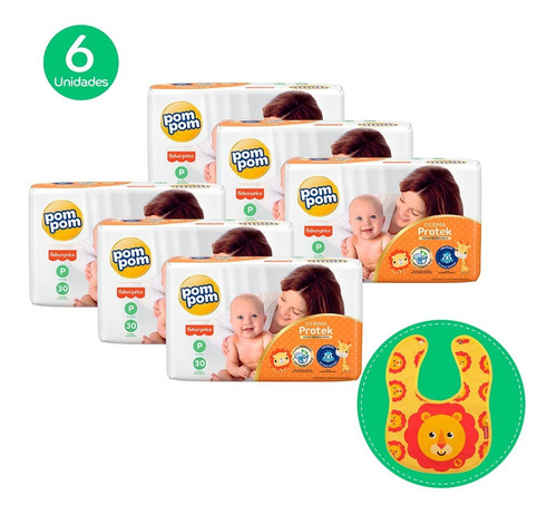 Imagem 1 de 9 de Kit Pom Pom Fraldas Derma P 180u + Brinde Babador Fisher