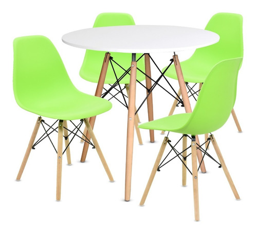 Comedor Moderno Mesa Eames Redonda + 4 Sillas Verdes Eames