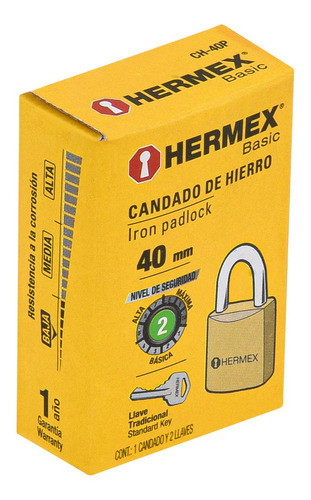 Imagen 4 de 6 de Candado De Hierro, Laton, 40mm, Gancho Corto, Hermex 23518