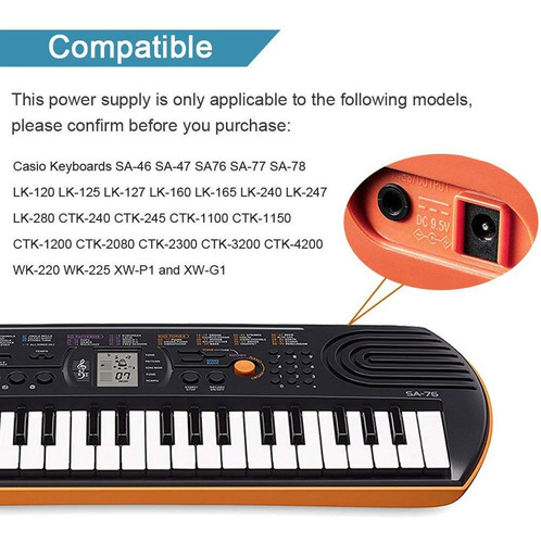 Imagen 2 de 4 de Cargador De Teclado Casio Lk-125 De 9v-1a Positivo Al Centr