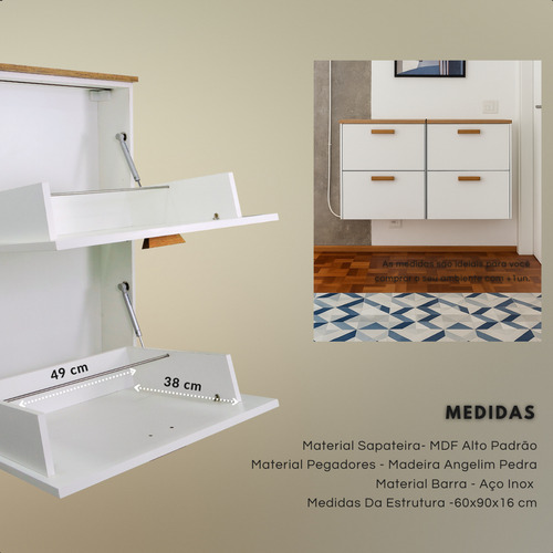 Sapateira Modular De Parede Suspensa Aérea Retrátil Slim Branco - Organizador De Sapatos Calçados Tênis Para Hall De Entrada - Mdf De Alto Padrão - Soul Fins