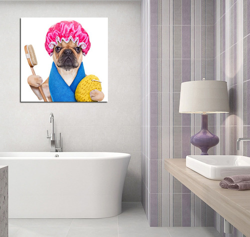 Cuadro 60x60cm Perro Baño Bulldog Esponja Jabon Ducha Dog