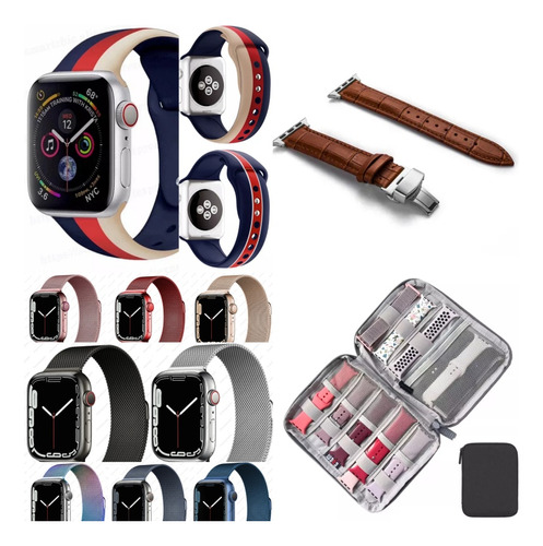 Combo Para Apple Watch, Malla Silicona, Cuero, Iman Estuche.