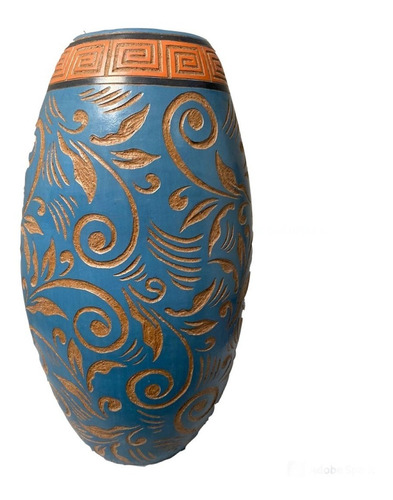 Vaso De Barro Bruñido Fraccionado Azul Engrecado Esgrafiado.