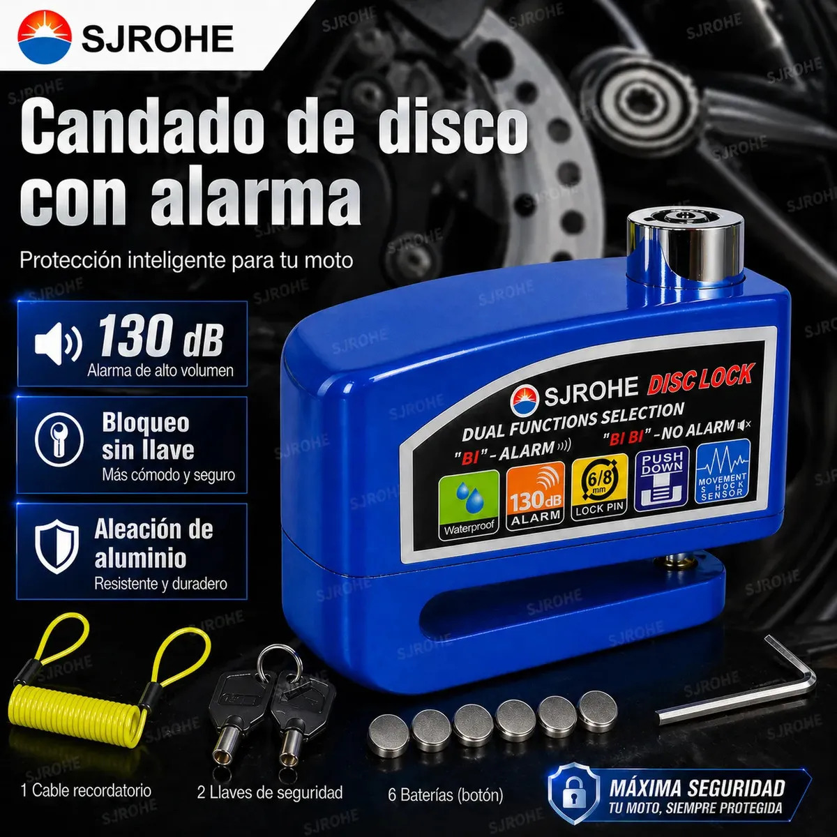 Candado de Disco SJROHE con Alarma 130dB para Motocicleta y Bicicleta, Impermeable IP66