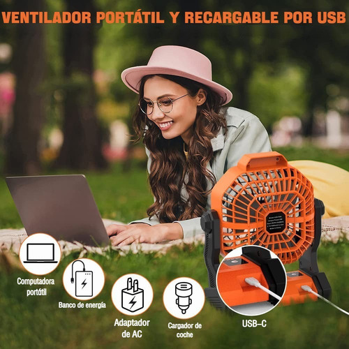 A Ventilador De Camping Recargable Con Luz Led Y Gancho