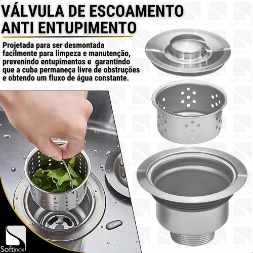 Cuba Dupla Gourmet Cozinha Inox 304 Anti Risco Nano PVD Escovada 78x43 cm Completa Com Acessórios Soft Inox