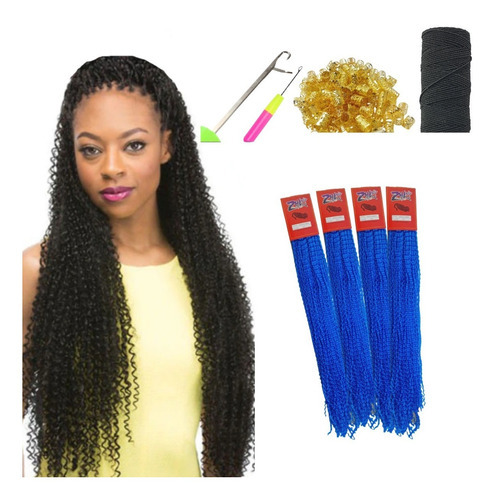 Cabelo Micro Zizi Miojo 4 Pacote + Agulha+ 10 Anel +lastex Cor Azul 80g - F21