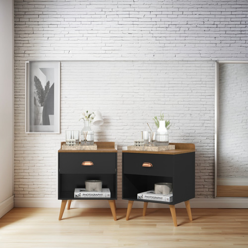 Mesa Criado 2 Bide Perola Conjunto Casal C/ Cabeceira Suede Fosco Preto 1.40 / Preto Freijo