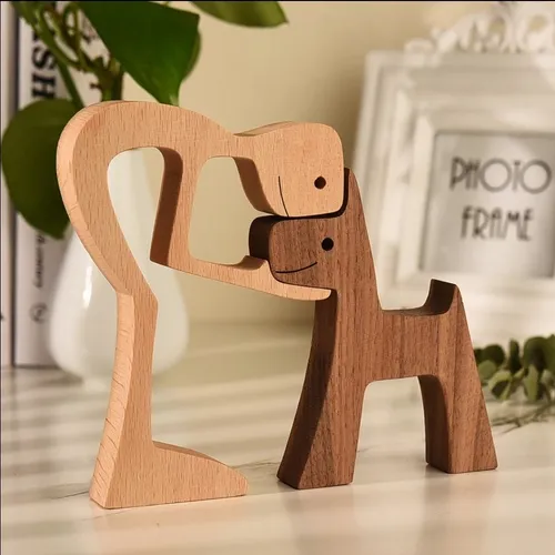 Figura Madera Hombre Con Perro Para Decoración Hogar Casa