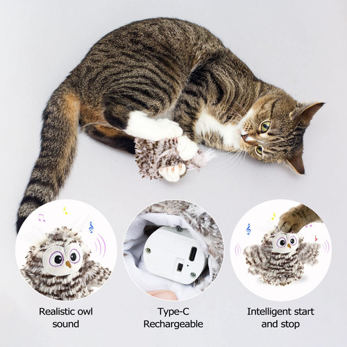 Juguete P/gatos, Buho Con Aleteo Y Chirrido Recargable Usb