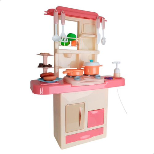 Cozinha De Brinquedo Petipetá Infantil Com Som E Luz Rosa 27 Peças Com Geladeira Pia Som Luz Kit Chef Miniatura Cesta Fast Food Panelinhas Batedeira Utensílios Piquenique Brincar Lavanderia Comidinha