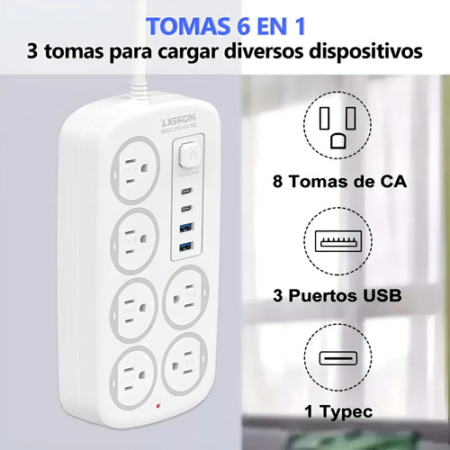 MOREKA EL10 Multicontacto de 6 tomas con usb color Blanco largo del cable de 1.2m 10A 127V