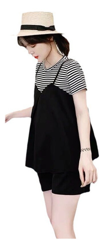 L - 2023 Summer Maternity Stripe Tee Belly Support Shorts