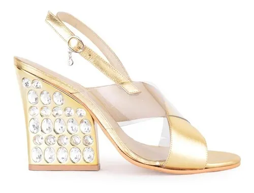 Sandalias Cuero Taco Medio Con Strass Francesca Ferraro