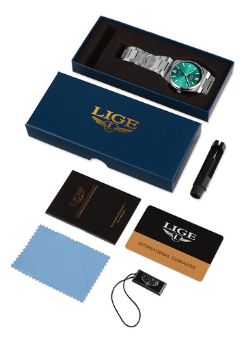 Reloj De Cuarzo Hombre Analógico Relojes Pulsera Moda Watch Correa Plateado Bisel Plateado Fondo Verde