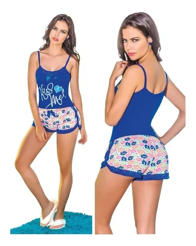 Pijama Mujer Short Lycra Blusa Algodón Esqueleto Encaje Dama