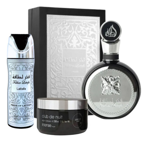 Perfume Arabe Fakhar Black Lattafa 100ml Original + Perfume Spray Fakhar Black 200ml Lattafa + Creme Isabelle La Belle Corporal Club De Nuit 200ml