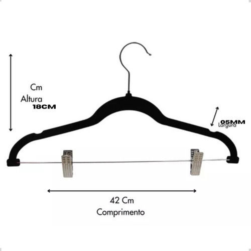 Kit 05 Unidades Cabide Slim Veludo Preto Com 10 Presilhas