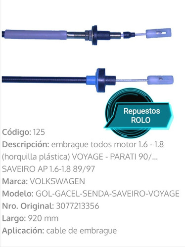 Cable Embrague Senda Gol Saveiro 1.6 1.8 Hasta 96 (125) 