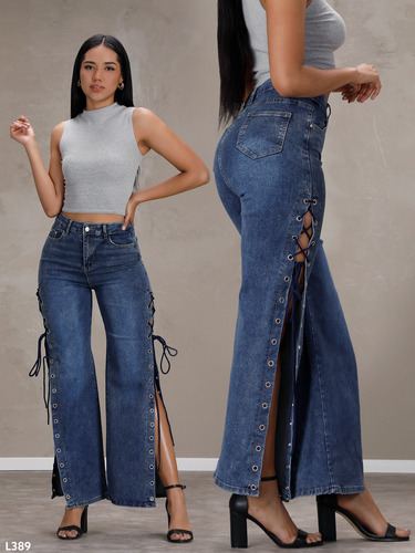 Pantalón Mezclilla Tiro Alto Con Aberturas Laterales L389