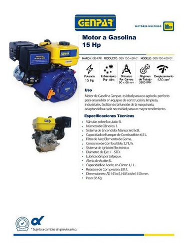 Imagen 2 de 3 de Motor A Gasolina 15hp 420cc Eje Std 1 3600 Rpm Genpar Drop