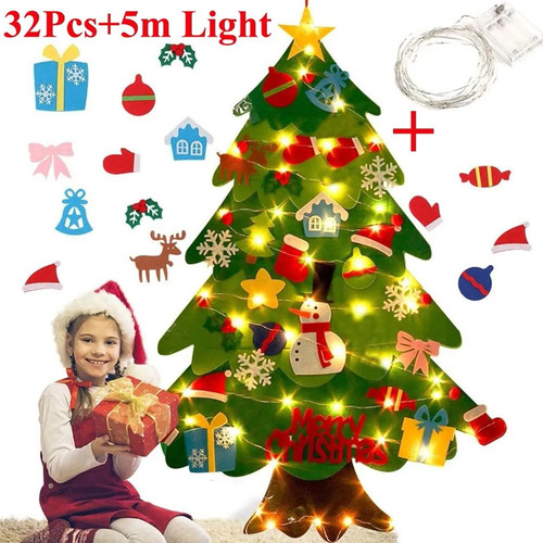 Árbol De Navidad De Fieltro Para Decoración De Pared Con Luz