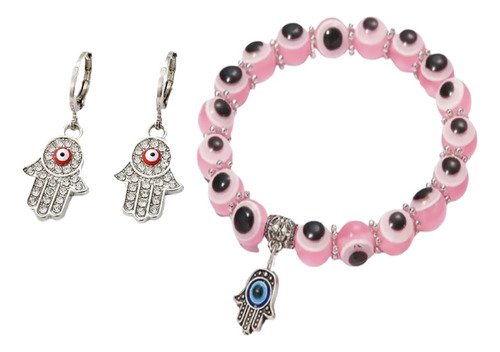 Set Pulsera Y Aretes Ojo Turco Mano De Fatima No Mal De Ojo