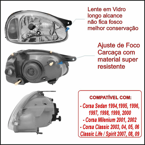 Kit Par Farol Vidro Corsa Classic + Lanterna Fumê 2000 A 10