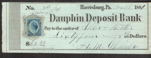 Cheque Dauphin Deposit Bank 1881 - Com Selo Fiscal  #5