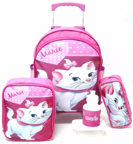 Kit Mochila Gatinha Marie Rosa Rodinhas Tam M + Lancheira