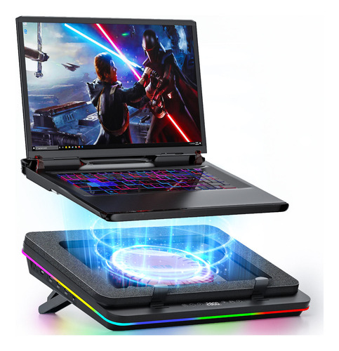 Almohadilla de refrigeración para portátil Iets GT600v2 RGB con turboventilador de 5.5 pulgadas, compatible con portátiles de 14.1 a 19.3 pulgadas y hub USB de 3 puertos.